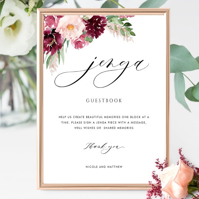 Poster Burgundy Blush Floral Weding Jenga Símbolo Guestbo (Criador carregado)