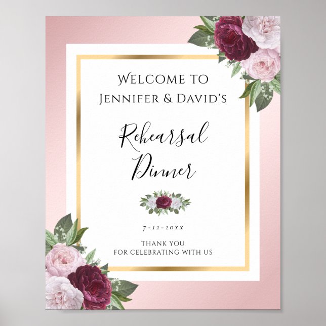 Poster Burgundy Blush Pink Rehearsal Dinner Welcome Sign (Frente)
