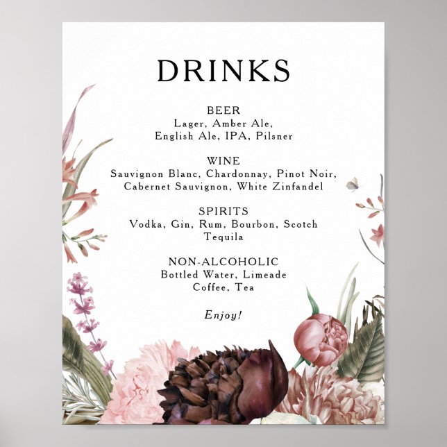 Poster Burgundy Boho Floral - Sinal de Menu Bebidas Flora (Frente)