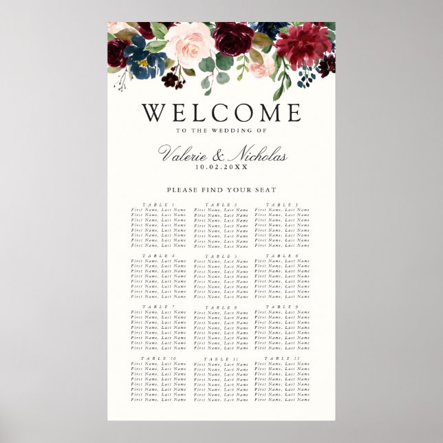 Poster Burgundy Bouquet | Floral 12 Table Seating Chart (Frente)
