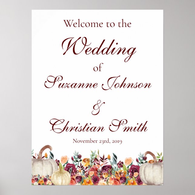 Poster Burgundy Fall Dourado Pumpkin Sinal de Boas-vindas (Frente)