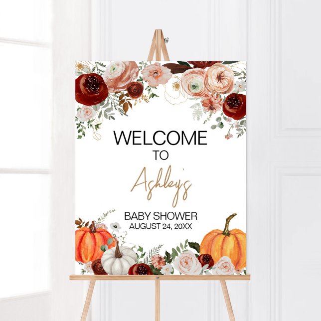 Poster Burgundy Fall Floral Pumpkin Bem-vindo (Fall Floral Pumpkin Baby Shower Welcome Sign)