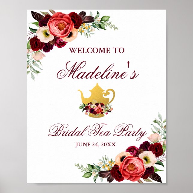 Poster Burgundy Floral Boho Bridal Tea Party (Frente)