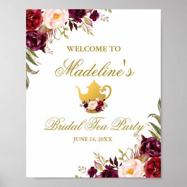 Poster Burgundy Floral Dourado Chá de panela Tea Welcome (Frente)