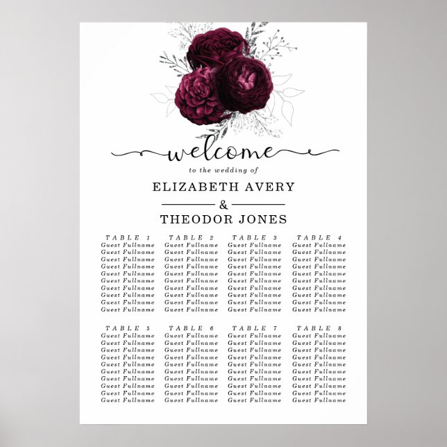 Poster Burgundy Floral Elegant Wedding Seating Charts (Frente)