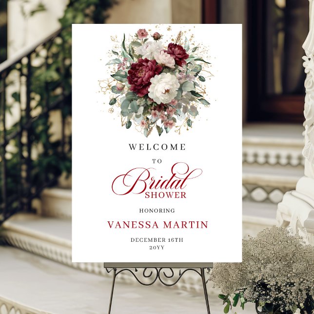 Poster Burgundy Floral Eucalyptus Gold Bridal Welcome  (Burgundy Floral Eucalyptus Gold Bridal Welcome Sign

)