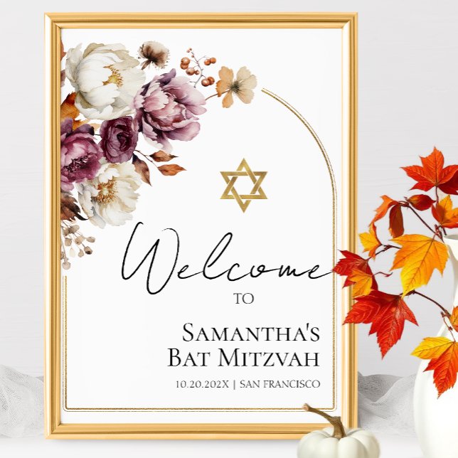 Poster Burgundy Floral Fall Bat Mitzvah - Sinal de boas-v (Criador carregado)