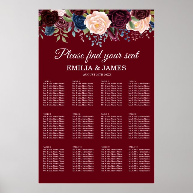Poster Burgundy Floral, Gráfico de Casamento (Frente)