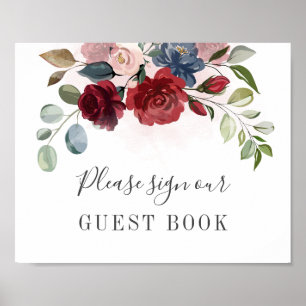 Poster Burgundy Floral Greenery Sinal de Livro de Convida