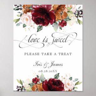 Poster Burgundy Floral Love is Sweet Take a Tret Sign