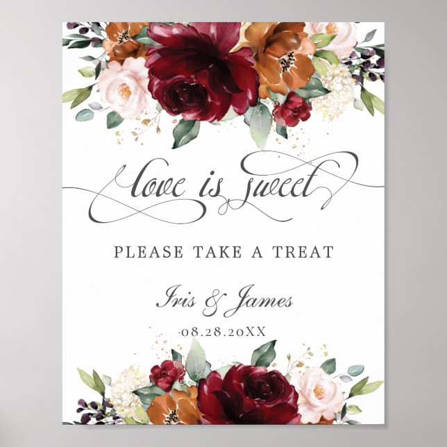 Poster Burgundy Floral Love is Sweet Take a Tret Sign (Frente)