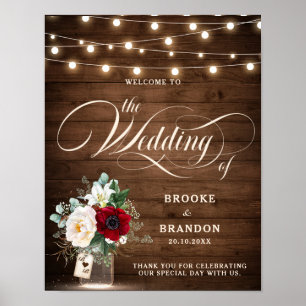 Poster Burgundy Floral Mason Jar Casamento Bem-vindo