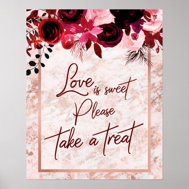 Poster Burgundy Floral & Rosa Dourado Love é doce (Frente)