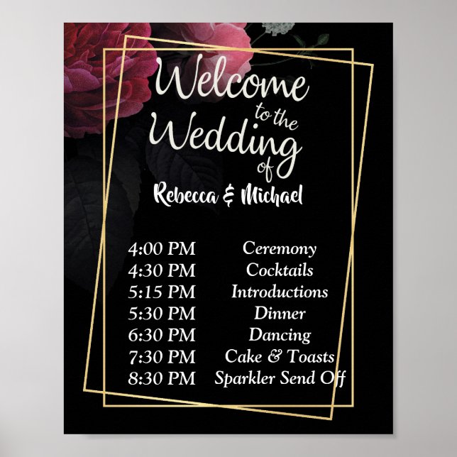 Poster Burgundy Floral Rustic Wedorder Order of Events P (Frente)