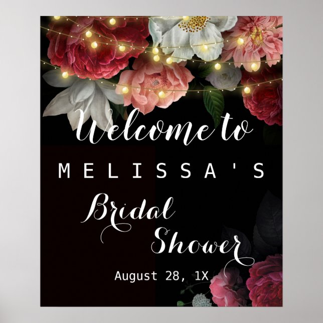 Poster Burgundy Floral Rústica Luzes de corda (Frente)