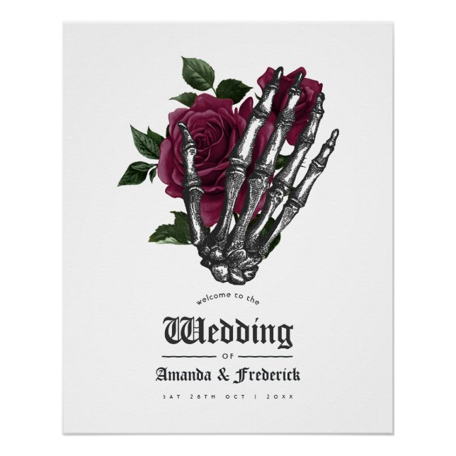 Pôster Burgundy Floral Skeleton Gothic Weding Bem-vindo (Frente)