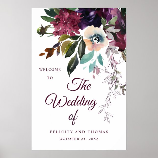 Poster Burgundy Floral Watercolor Wedding (Frente)