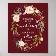 Burgundy Floral Weding Sinal de Boas-Vindas