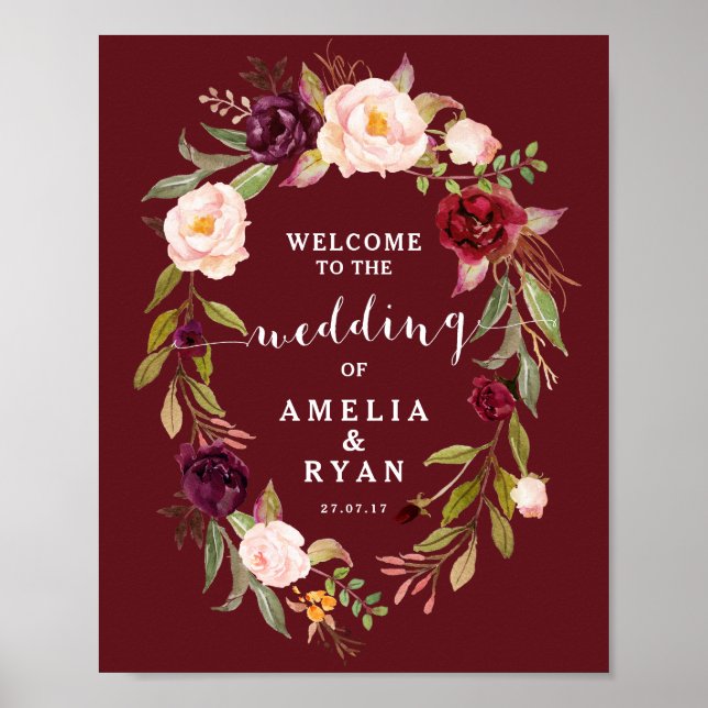 Poster Burgundy Floral Weding Sinal de Boas-Vindas (Frente)