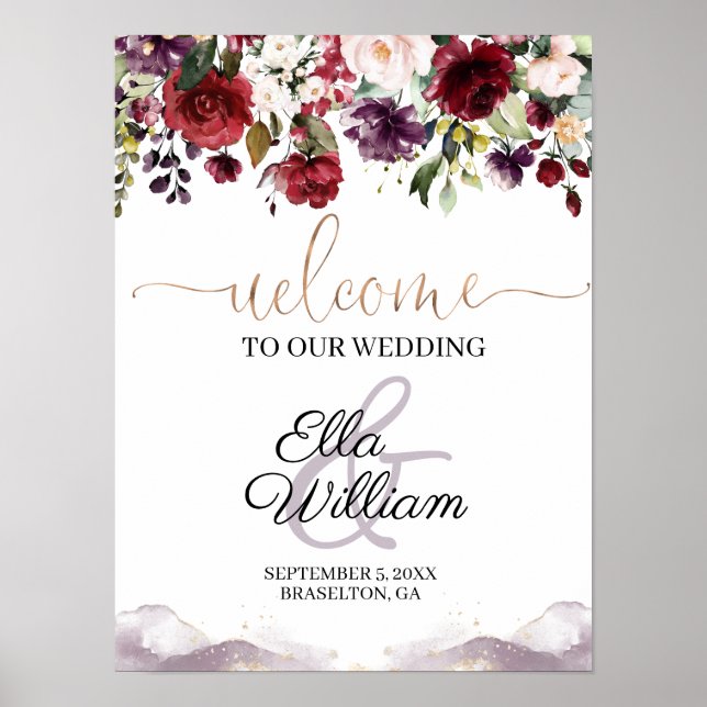 Poster Burgundy Floral Weding Sinal de Boas-Vindas (Frente)