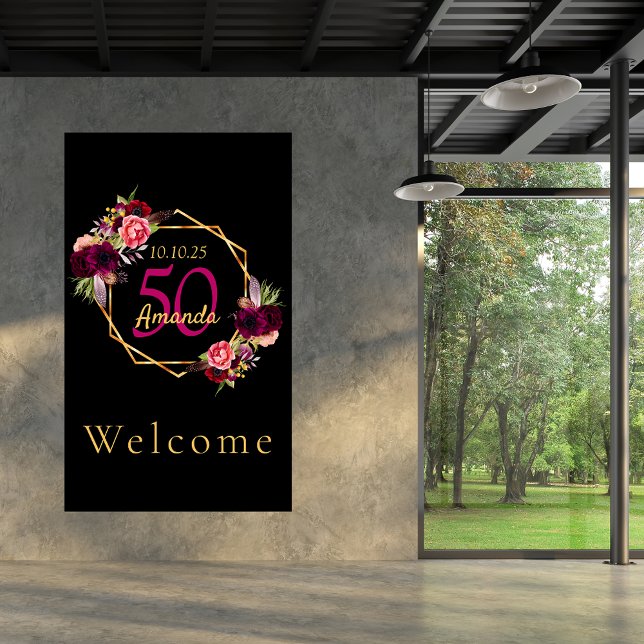 Poster Burgundy, flores geométricas de ouro negro de aniv (Criador carregado)