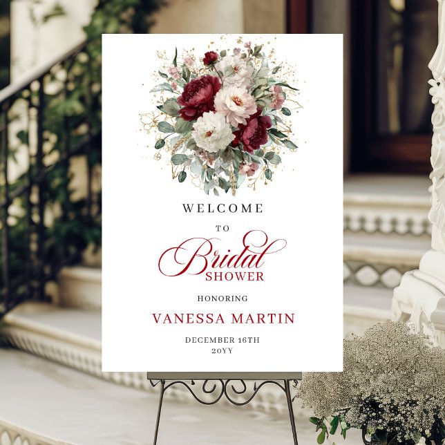Poster Burgundy Flowers Greenery Gold Bridal Welcome Sign (Burgundy Flowers Greenery Gold Bridal Welcome Sign

)