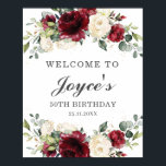 Poster Burgundy Ivory Floral Birthday Party Welcome Sign<br><div class="desc">Designed to co-ordinate with our Rustic Burgundy collection, this elegant welcome sign features beautiful watercolor burgundy and ivory roses and hydrangeas. Personalize it with your own details easily and quickly, simply press the customise it button to further re-arrange and format the style and placement of the text. (c) The Happy...</div>