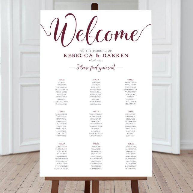 Poster Burgundy Maroon Deep Red Seating Chart 9 mesas (Criador carregado)