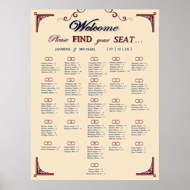 Poster Burgundy Navy and Ivory Chic Wedding Seating Chart (Frente)