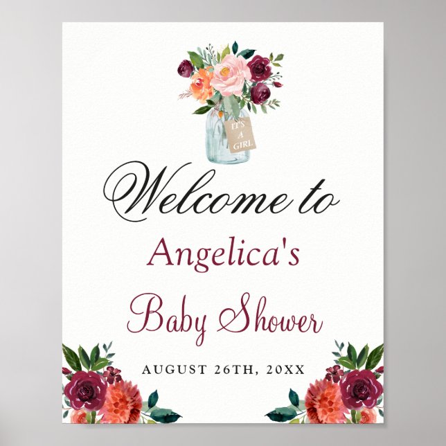 Pôster Burgundy Orange floral Mason Jar Baby Shower Sign (Frente)