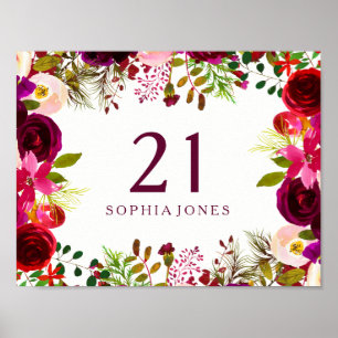 Poster Burgundy Red Floral Boho - aniversário de 21 anos