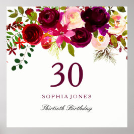 Poster Burgundy Red Floral Boho aniversário de 30 anos