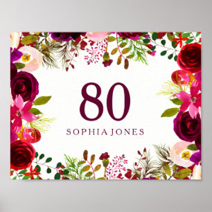 Poster Burgundy Red Floral Boho Festa de aniversário