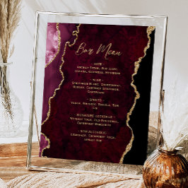 Poster Burgundy Red Gold Agate Script Wedding Bar Menu 