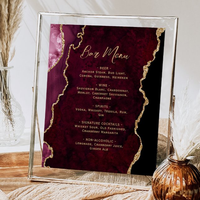 Poster Burgundy Red Gold Agate Script Wedding Bar Menu  (Criador carregado)