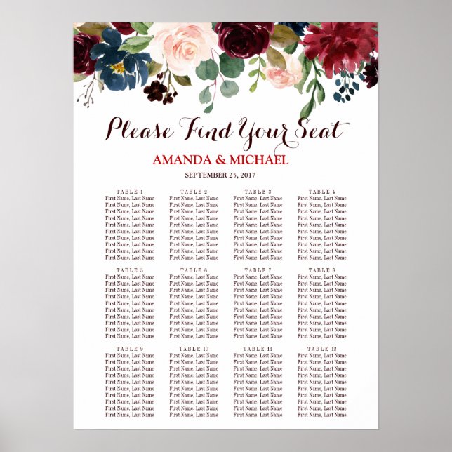 Pôster Burgundy Red Marinho Floral Bócio Seating Chart (Frente)