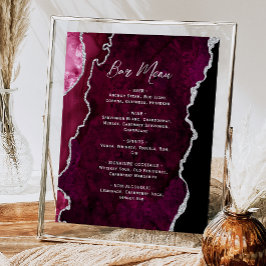 Poster Burgundy Red Silver Agate Script Wedding Bar Menu 