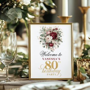 Poster Burgundy rosado marrom 80º aniversário 8x10 bem-vi