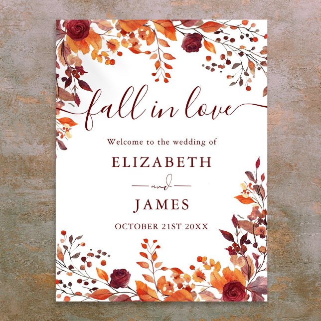 Poster Burgundy Rustic Fall In Love Casamento Sinal De Bo (Burgundy Rustic Fall In Love Wedding Welcome Sign)