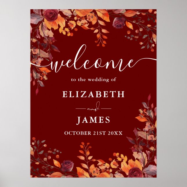 Poster Burgundy Rustic Floral Fall Wedding Welcome Sign (Frente)