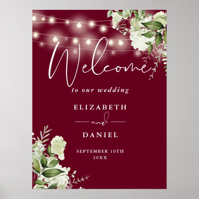 Poster Burgundy String Lights Floral Weding Bem-vindo (Frente)