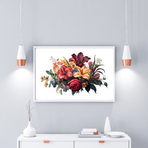 Poster Burgundy Vermelho Escuro Pêssego Floral Verdejante