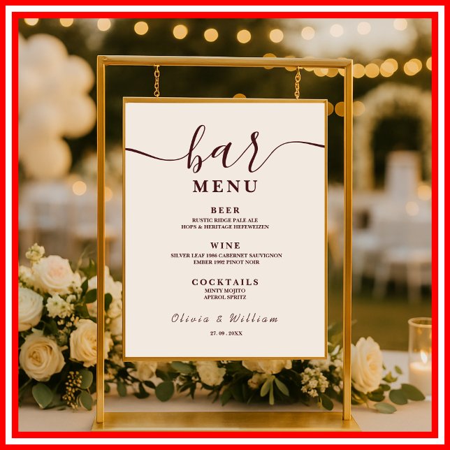 Poster Burgundy Wedding Bar Menu  (Criador carregado)