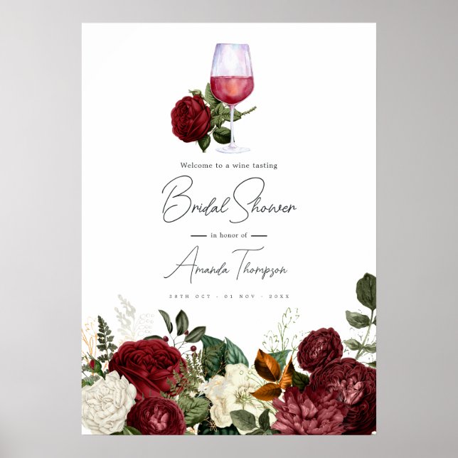 Poster Burgundy & White Floral Wine Tasting Bridal Shower (Frente)