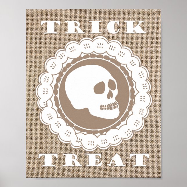 Poster Burlap Skull Trick ou Treine Art Impressão, Wall D (Frente)