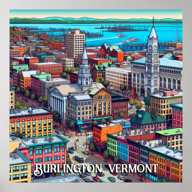 Poster Burlington, Arte de Estilo de Quadrinhos Vermont (Frente)