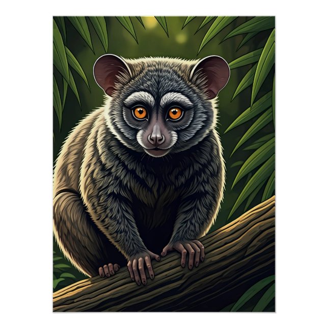 Pôster Bush Baby Empoleirado no Galho da Selva (Frente)