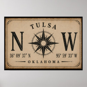 Poster Bússola de Coordenadas Vintage Tulsa Oklahoma