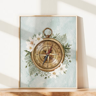 Poster Bússola Floral de Flores de Aquarela e Folhas Verd