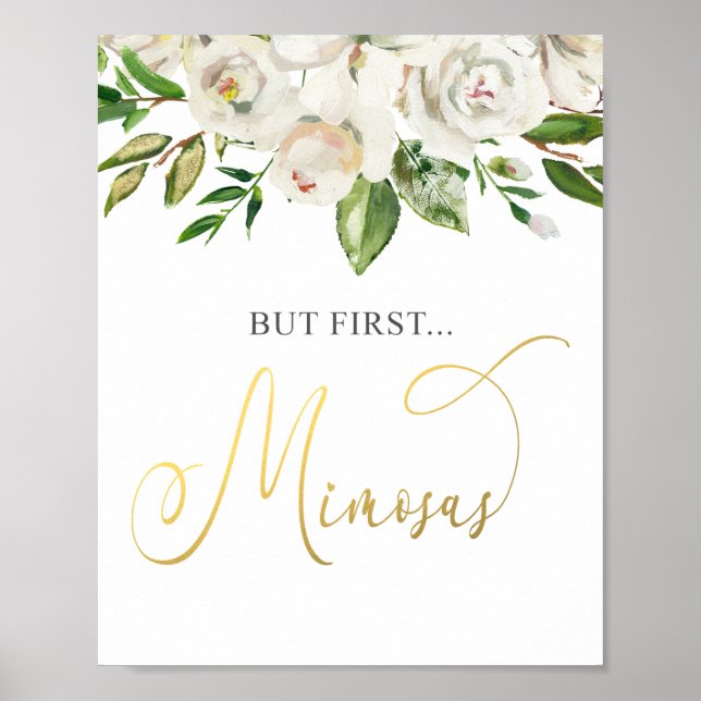 Poster But First Mimosas  White Floral Gold (Frente)